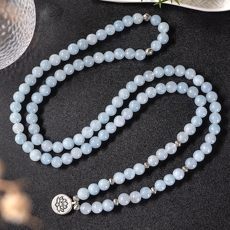 108 8mm Aquamarine Beaded Elastic Cord Wrap Mala Bracelet Meditation Yoga Healing Jewelry Women