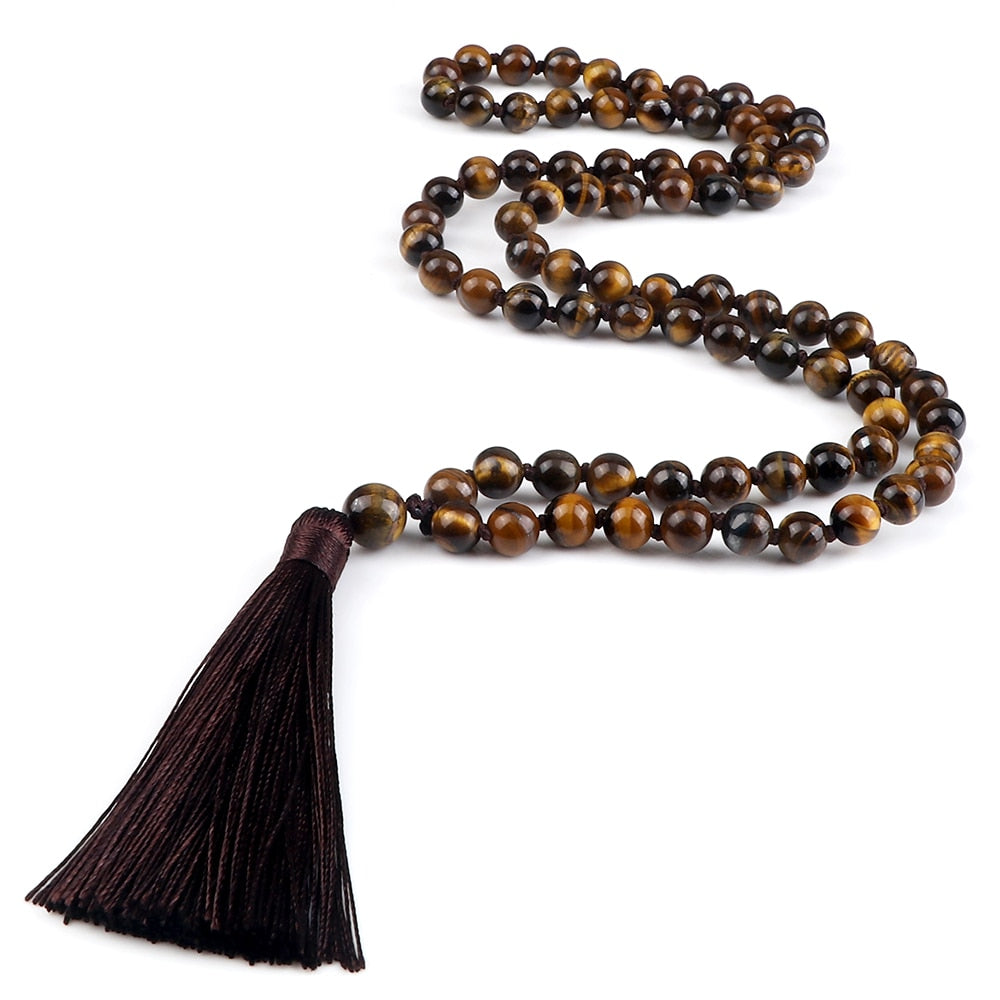 Trendy Men Beads Necklaces 8mm Natural Tiger Eye Stone Knotted Tibetan Buddhist Mala Necklaces