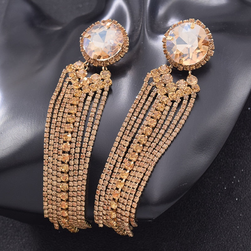 Luxury Tassel Women Earring Champagne Gold Color Long Drop Statement Earrings