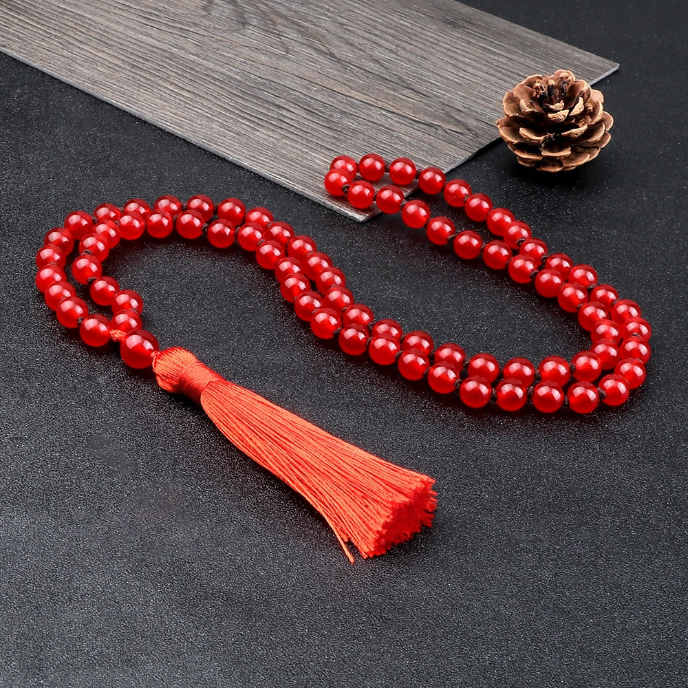 8mm Natural Red Stone Beaded Mala Necklaces Handmade Knotted Elastic Necklace Women Men