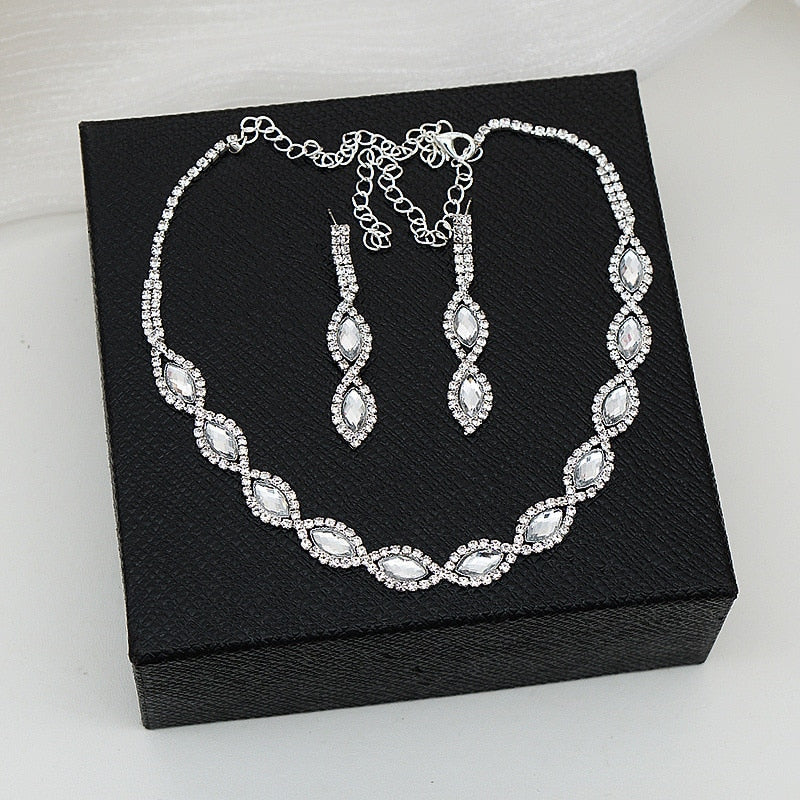 Simple Geometric Crystal Rhinestone Necklace Earrings For Women Wedding Bride Jewelry Sets