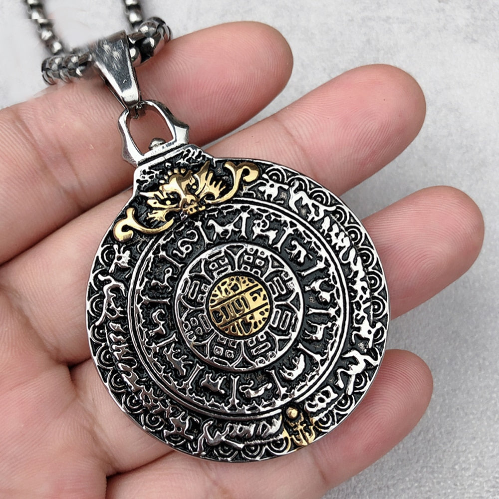 Retro Amulet Nine Palaces Bagua Pendant Stainless Steel Zodiac Men Necklace