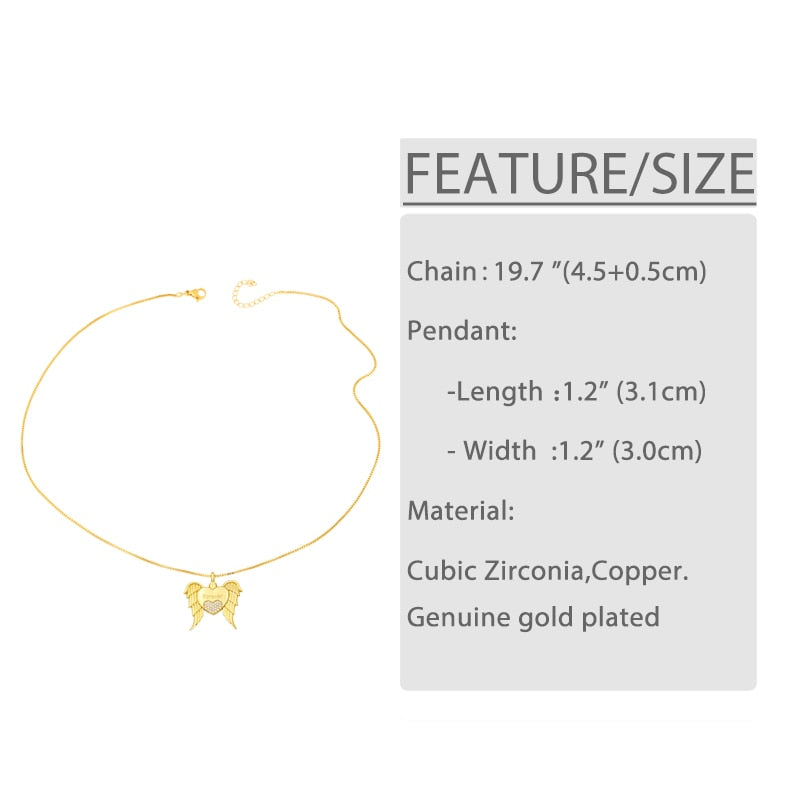 Gold Plated Chain Heart Mom Necklace For Women CZ Rhinestone Angel Wings Necklace