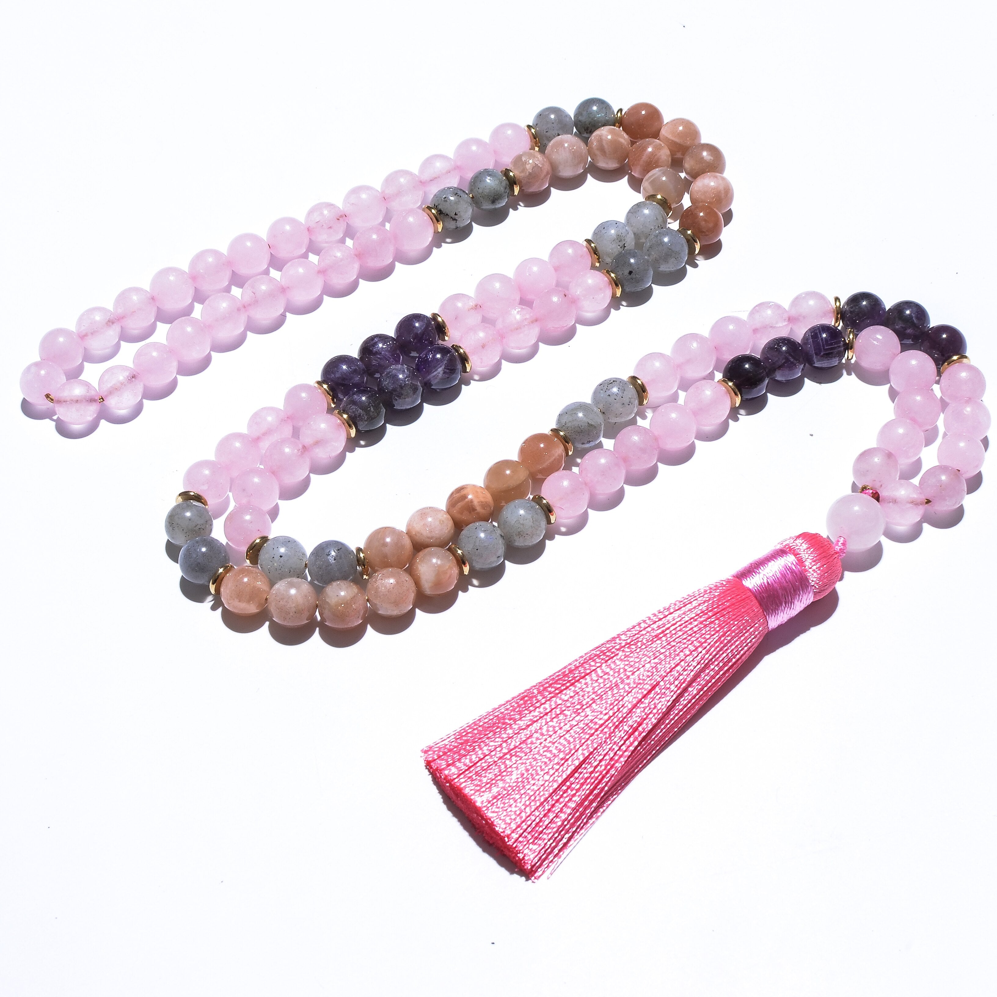 8mm Amethyst Sun Stone Rose Quartz Beaded Necklace Set Meditation Yoga Jewelry 108 Japa Mala Women Charm Tassel Rosary