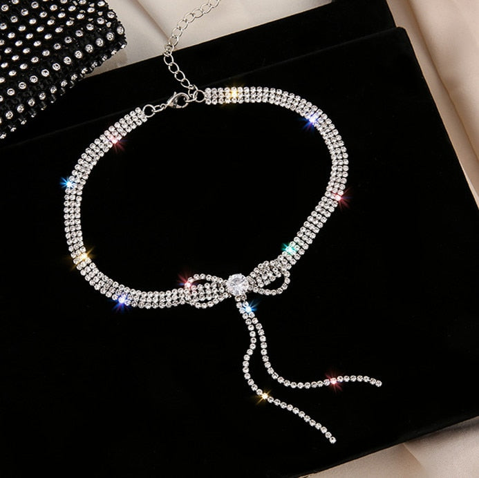 Bowknot Crystal Choker Necklaces for Women  Long Tassel Rhinestone Necklaces