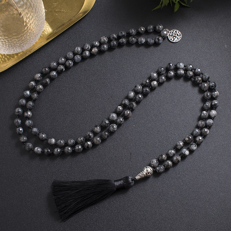 8mm Faceted Black Labradorite Beads Knotted Mala Necklace