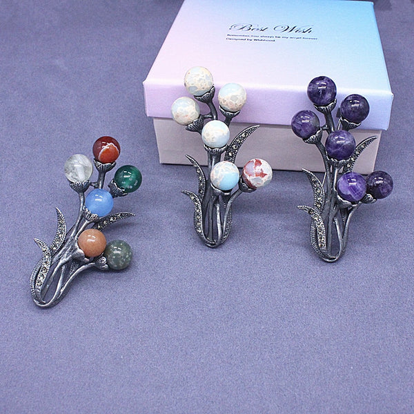 White/Purple/Color Natural Stone Brooch Vintage Retro Plant Pin Retro Jewelry For Women