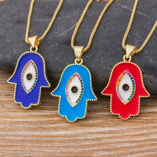 New Fashion Gold Turkey Blue Eye Hamsa Hand Fatima Palm Necklac For Women