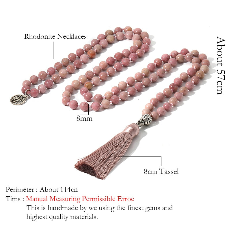 8mm Natural Rhodochrosite Beads Hand-Knotted Meditation Yoga Prayer Spirit Jewelry