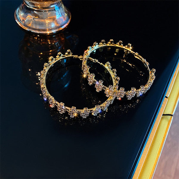 Golden Round Hoop Earrings Geometric Rhinestones Crystal Earrings for Women