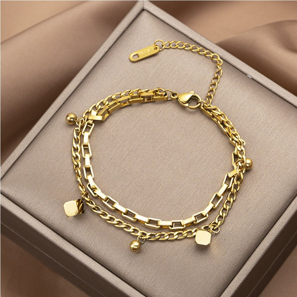 Fashion Gold Color Hip-hop Multi-element Thick Chain Geometric Beaded Bracelet