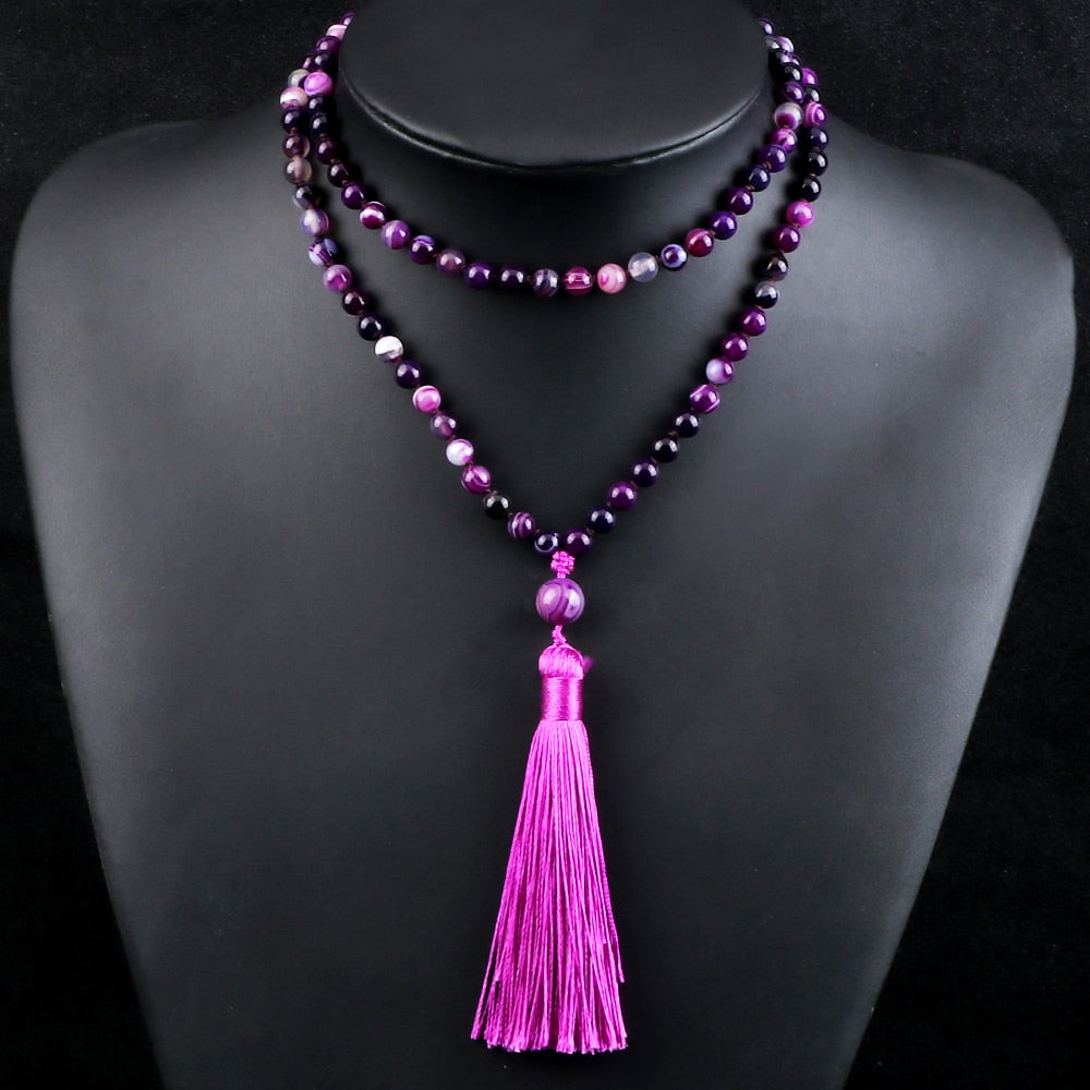 Women Mala Bohemian Tassel Necklace 108 Beads Natural Stone Purple Stripe Onyx Stone Beaded Necklace