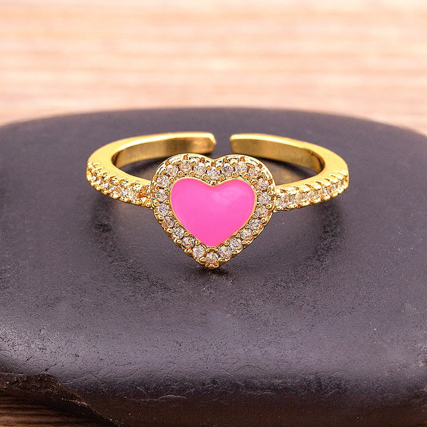 Shiny Candy Colors Zircon Dripping Oil Enamel Heart Love Rings