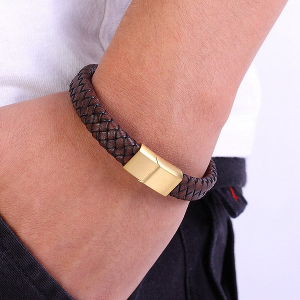 Fashion Jewelry Combination Brown Color Leather Stainless Steel Buckle Men Bracelet