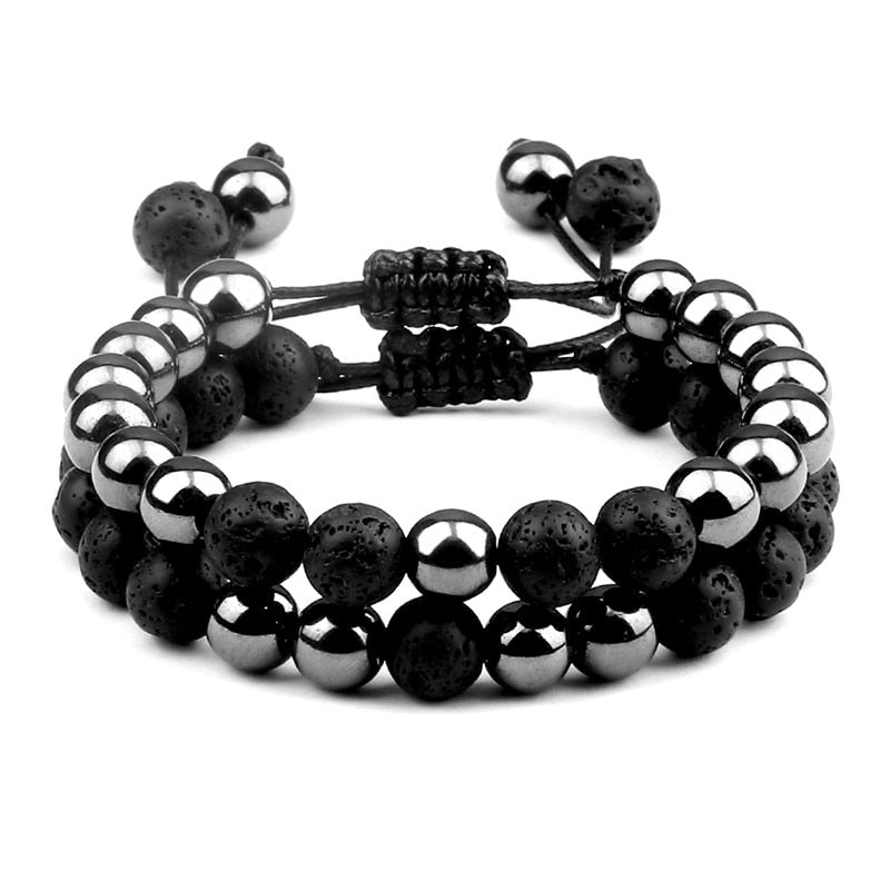 2pcs Men Hematite Black Lava Beaded Bracelets