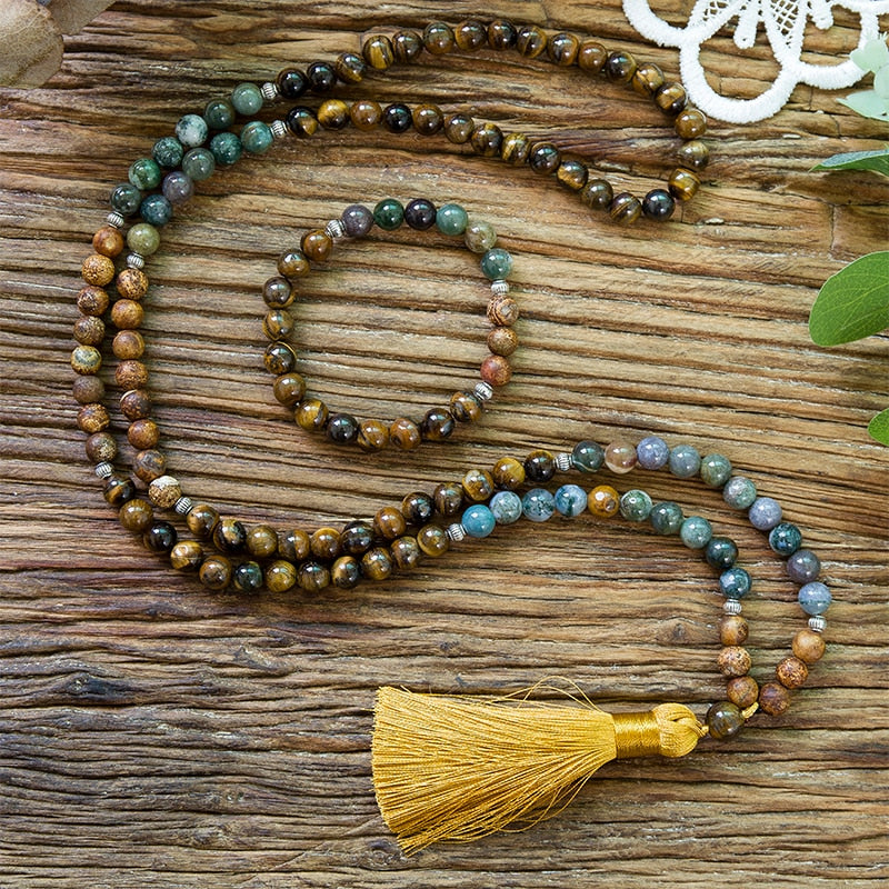 8mm Natural Yellow Tiger Eyes Indian Agate Tree Pattern Onyx 108 Japa Mala Beaded Necklace