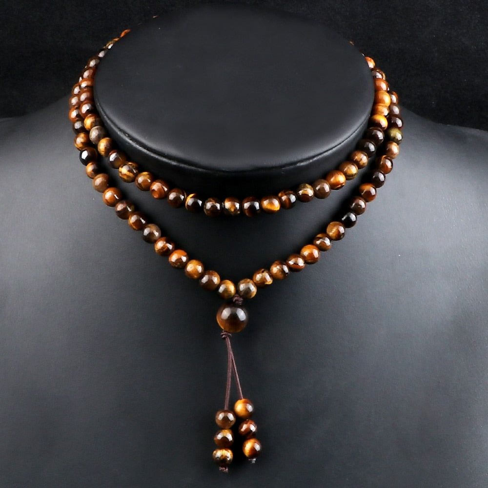 Men Beaded Necklace 6mm Natural Tiger Stone Onyx Stretch Necklace