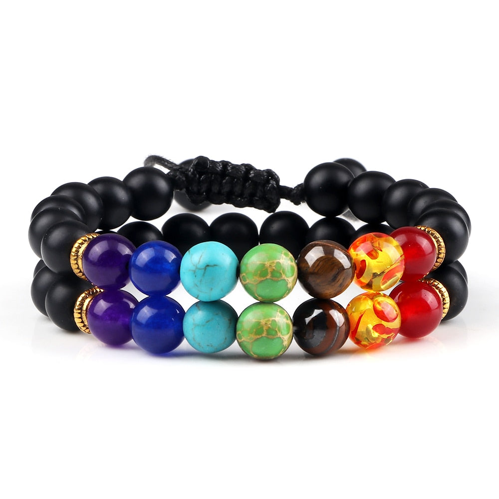 2Pcs Natural Stone 7 Chakra Healing Beaded Adjustable Braided Bracelets