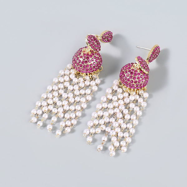 Fashion Metal Rhinestone Imitation Pearl Tassel Earrings Women