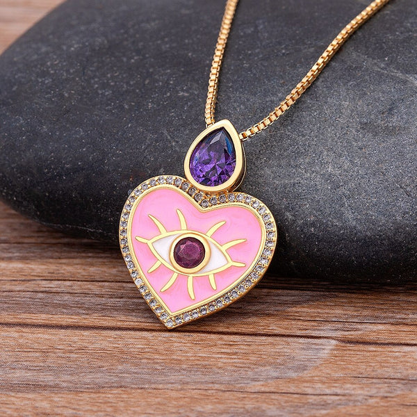 New European and American Popular Drop Oil Evil Eye and Heart Shape Necklace