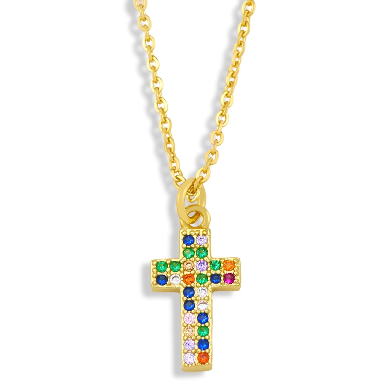 Multicolor Cross Necklace For Women CZ Pave Rhinestone Small Lightning Star Pendant Necklace