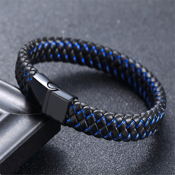 Men Jewelry Punk Black Blue Braided Leather Bracelet