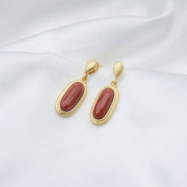 New Silver Natural Southern Red Onyx Oval Long Earrings Women