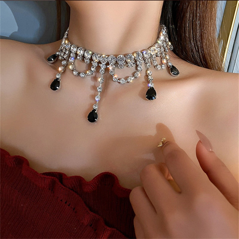 Black Water Drop Crystal Choker Necklaces for Women Long Tassel  Rhinestones Necklaces