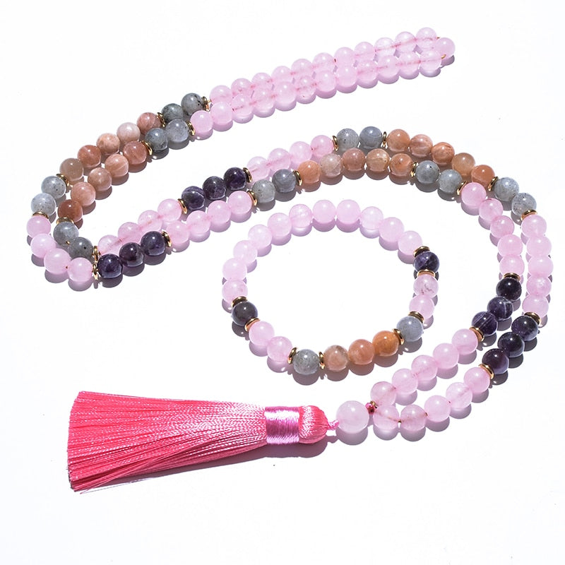 8mm Amethyst Sun Stone Rose Quartz Beaded Necklace Set Meditation Yoga Jewelry 108 Japa Mala Women Charm Tassel Rosary