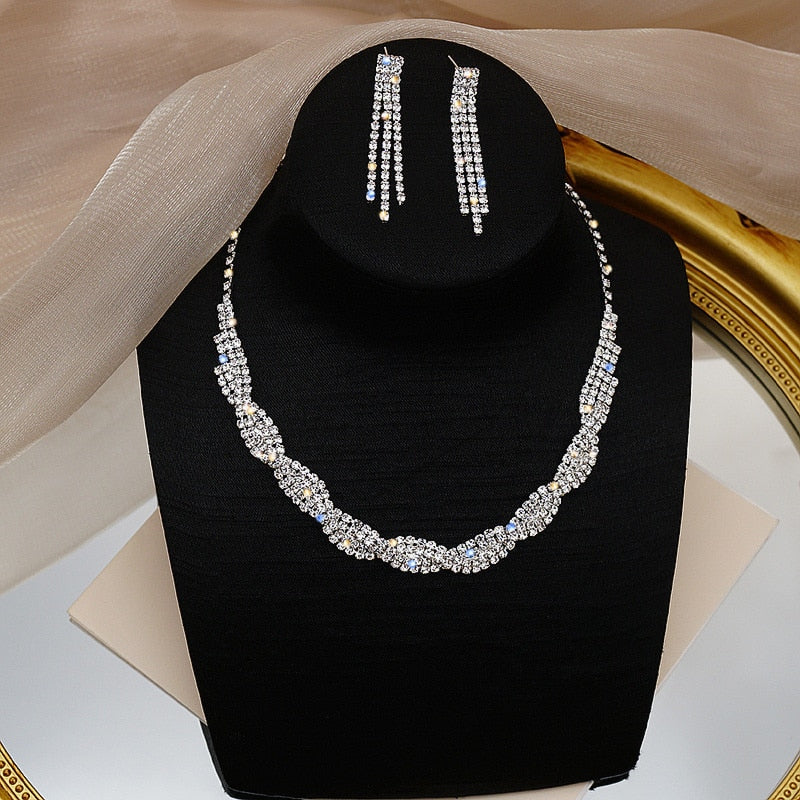 Simple Geometric Crystal Rhinestone Necklace Earrings For Women Wedding Bride Jewelry Sets