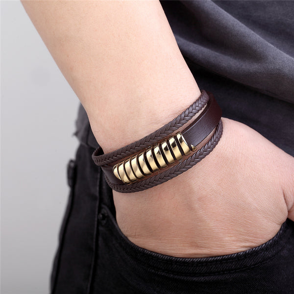 New Multi-Layer Genuine Leather 8 words Bracelet For Men Stainless Steel Magnetic Clasp