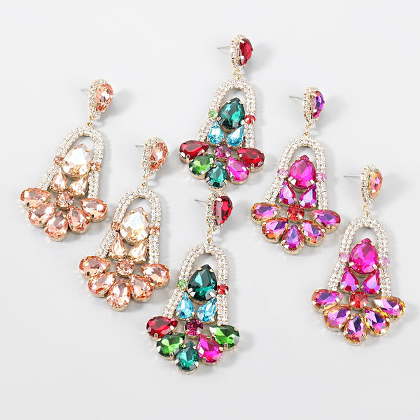 Fashion Metal Rhinestone Glass Flower Earrings Women