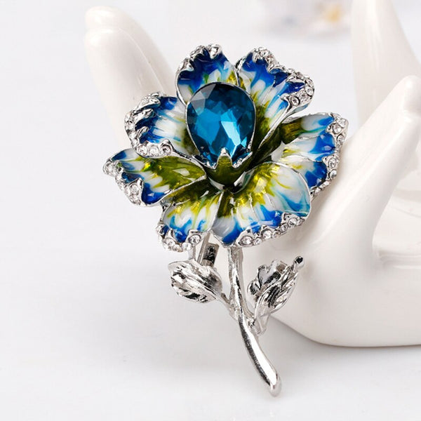 3-color Enamel Flower Brooches Women Alloy Beauty Crystal Flower Weddings Banquet Brooch