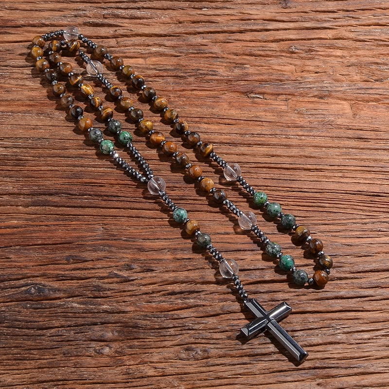 Natural Yellow Tiger Eye African Turquoise Beads Catholic Christian Cross Pendant Necklace