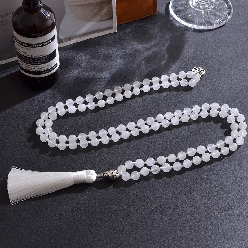 108 Mala Beaded 8mm White Jade Knotted Necklace Meditation Yoga Blessing Jewelry Women