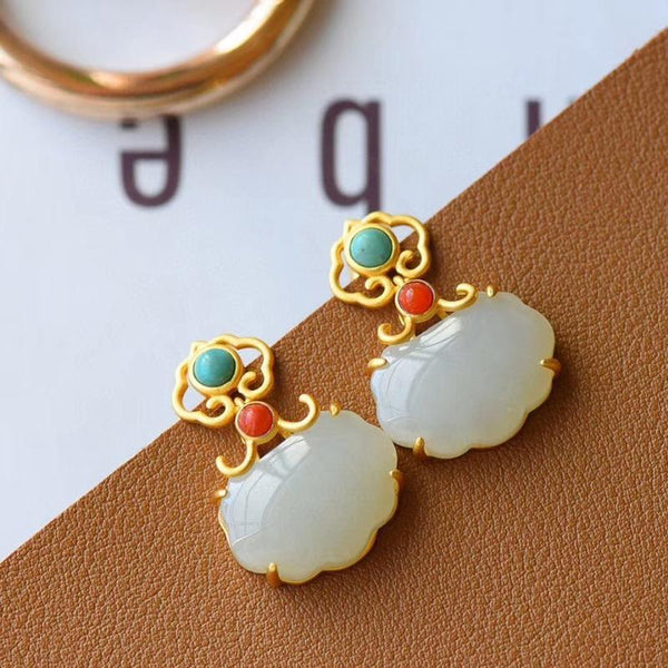 New Silver Inlaid Natural Hetian White Jade Purse Ruyi Small Lock Earrings