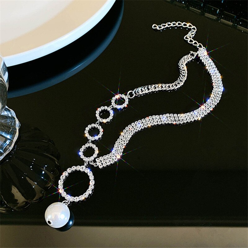 Geometric Circle Rhinestone Choker Necklaces for Women Clavicle Chain Pearl Pendant Necklaces