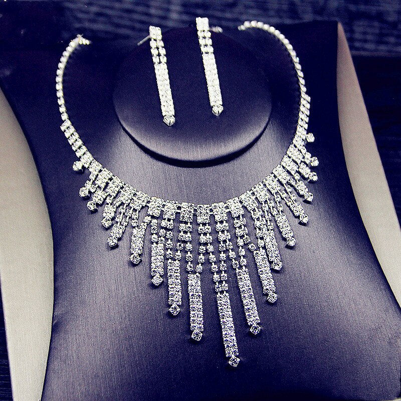 Shine Geometric Rhinestone Necklace Earrings For Women Long Tassel Jewelry Sets