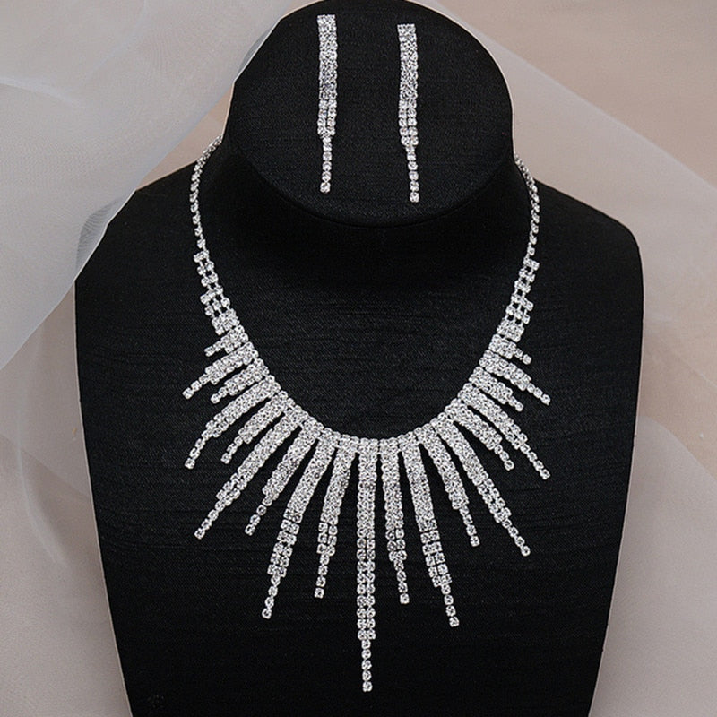 Shine Geometric Rhinestone Necklace Earrings For Women Long Tassel Jewelry Sets