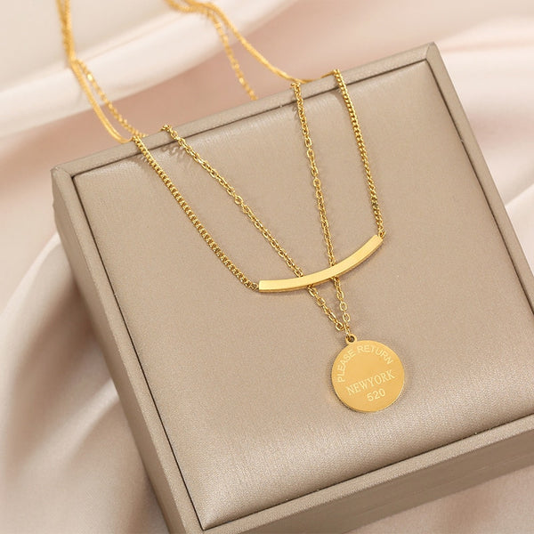 2-layer Round Coin Carving Charms Chain Choker Necklaces Pendants For Women