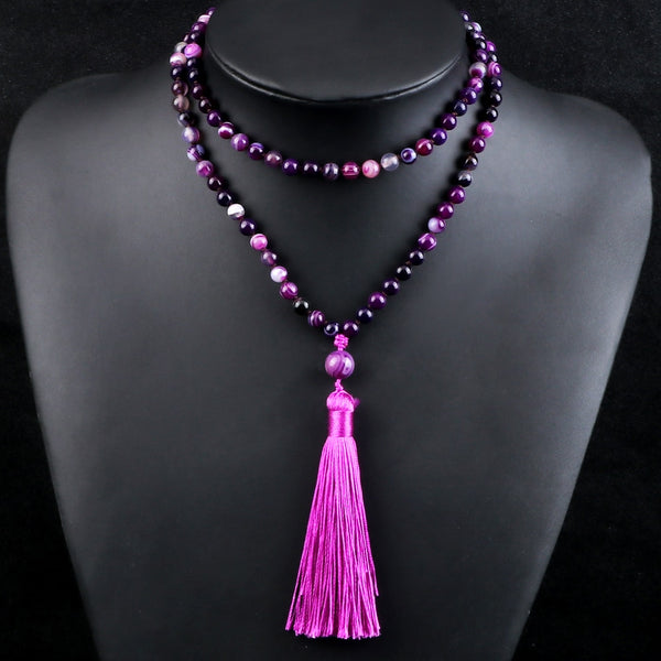 Women Mala Bohemian Tassel Necklace 108 Beads Natural Stone Purple Stripe Onyx Stone Beaded Necklace