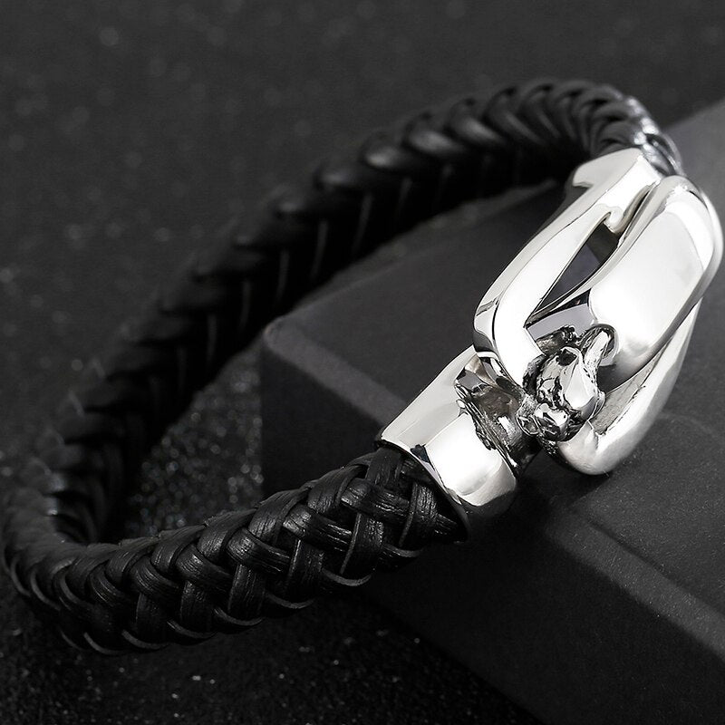 Genuine Leather Wolf Head Bracelet Men