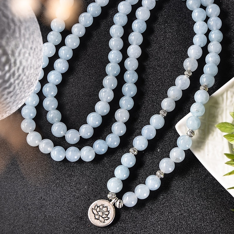 108 8mm Aquamarine Beaded Elastic Cord Wrap Mala Bracelet Meditation Yoga Healing Jewelry Women