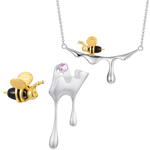 18K Gold Bee and Dripping Honey Pendant Necklace