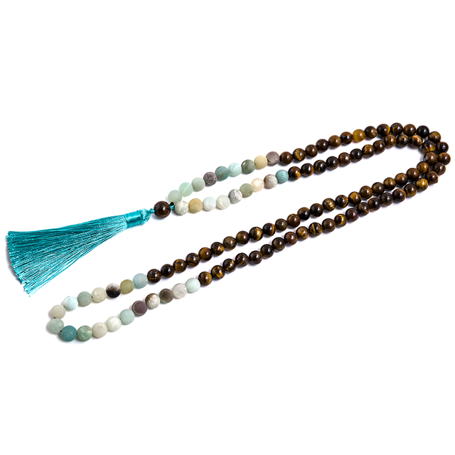 8mm Amazonite Yellow Tiger Eye Beaded 108 Mala Necklace Set