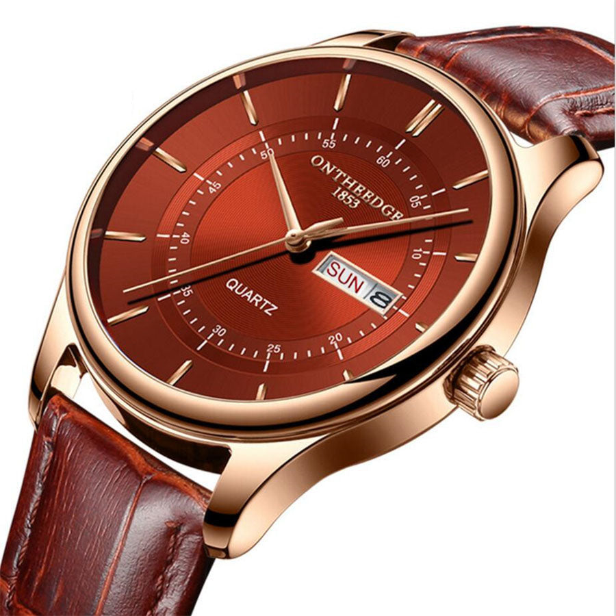 Rose Gold Dial Watch Men Leather Waterproof 30M Watches