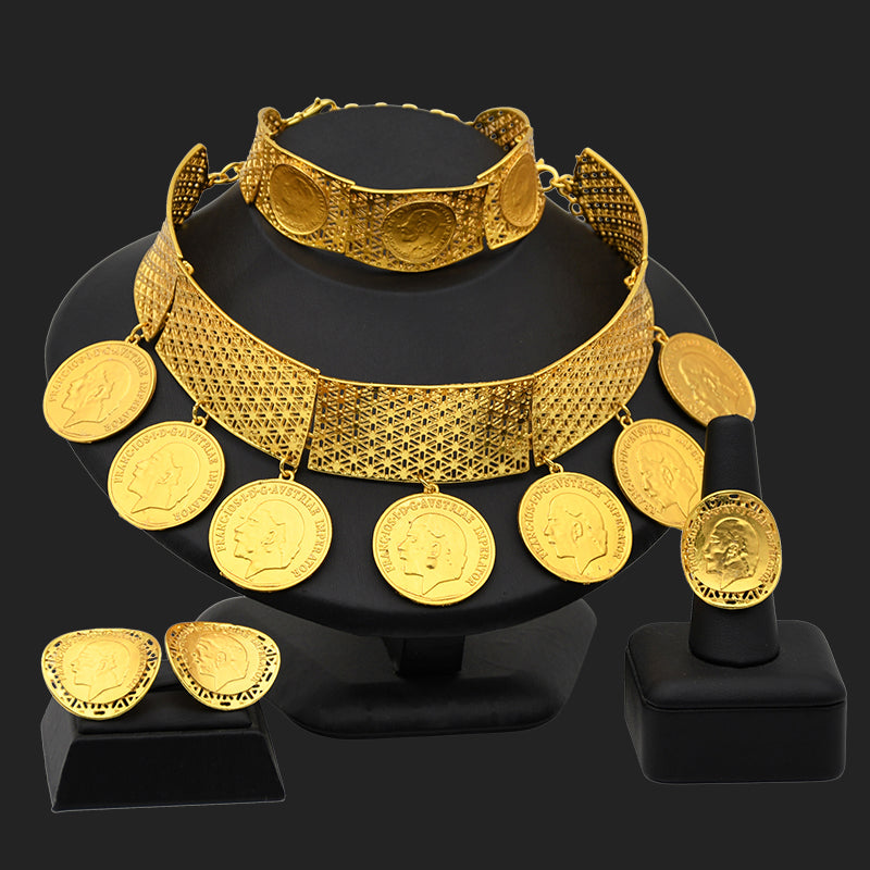 Ethiopian Coin Big Necklace Earrings Bracelets Rings Set