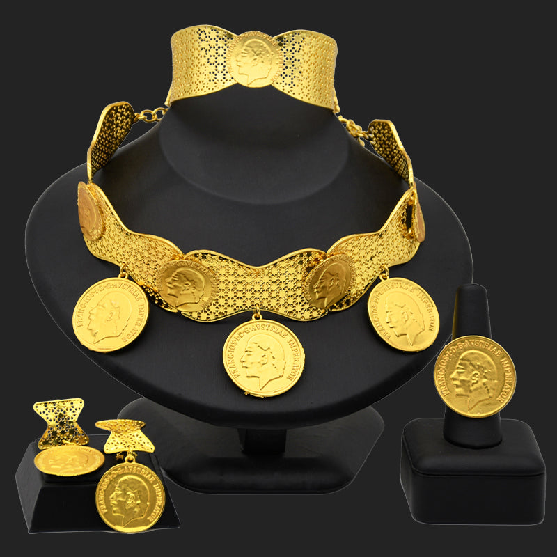 Ethiopian Coin Big Necklace Earrings Bracelets Rings Set