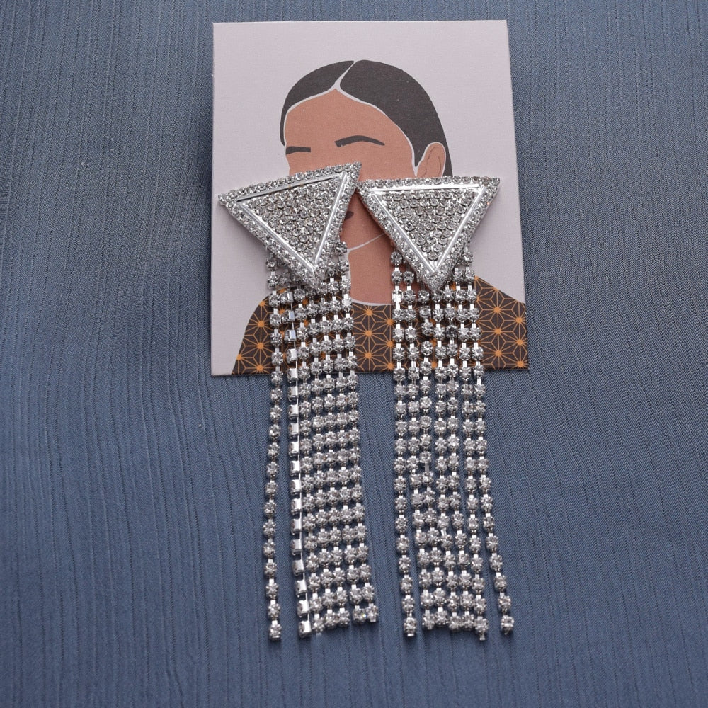 11.8cm Exaggerated triangular metal rhinestones tassel big women earrings