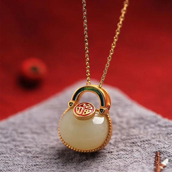 Original Natural Hetian Jade Inlaid Blessing Enamel Porcelain Oval Pendant Necklace